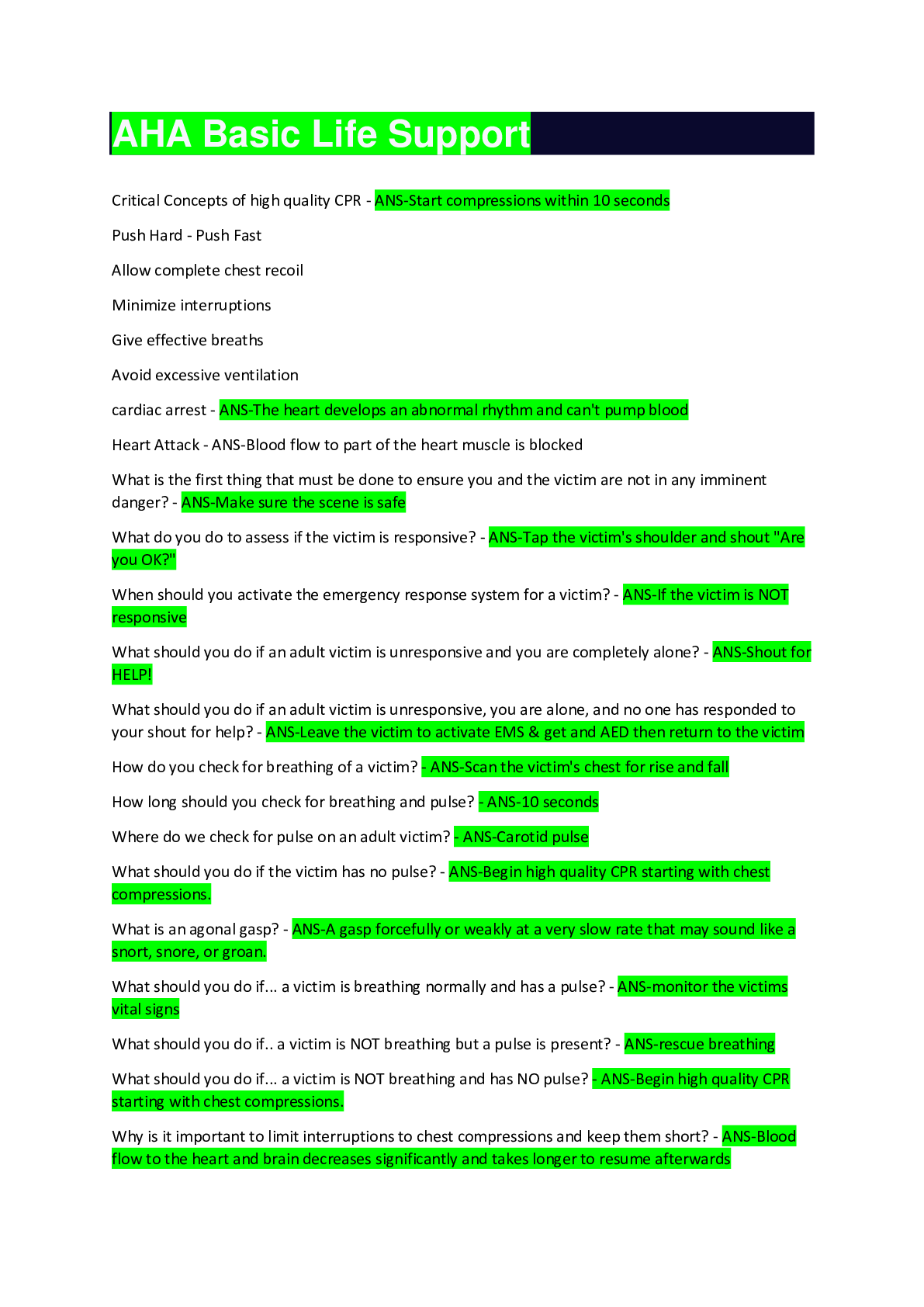 AHA Basic Life Support.CORRECT ANS100 Browsegrades